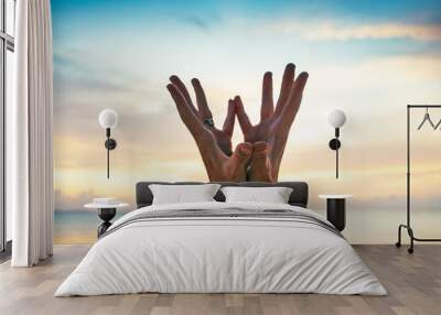 hand in lotus mudra at sunset Wall mural