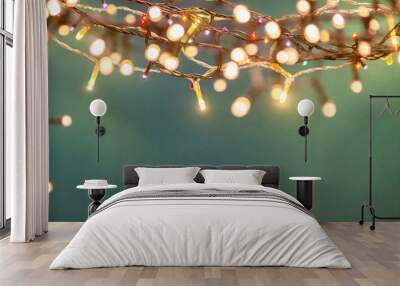 holiday banner of Christmas lights on blue background Wall mural