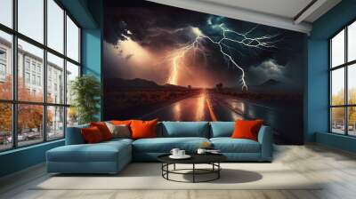 lightning and thunderstorm on the road. Generative ai Wall mural