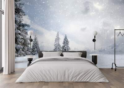 magical Christmas card with fairy tale winter landscape with snow covered firs Wall mural