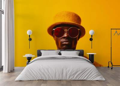 man on yellow background with big fashion sunglasses generative AI Wall mural