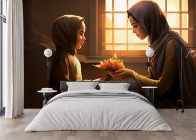 muslim mom receiving a gift from her son Wall mural