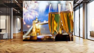 New Year celebration in the city - champagne glasses and Tower b Wall mural