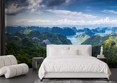 scenic view over Ha Long bay from Cat Ba island, Ha Long city in the background, UNESCO world heritage site, Vietnam Wall mural