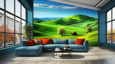 spring landscape with rolling green hills and light blue sky. generative ai Wall mural