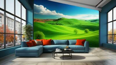 spring landscape with rolling green hills and light blue sky. generative ai Wall mural