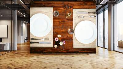 Table setting for two with empty plates - rustic wooden table Wall mural