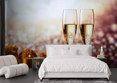 two champagne glasses against holiday lights and fireworks - new year celebration Wall mural