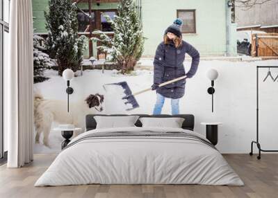 woman with shovel cleaning snow., white dog playing. Winter shoveling. Removing snow after blizzard Wall mural