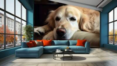 A cute dog finds comfort on the sofa, peacefully resting after a tiring day. Generative AI Wall mural