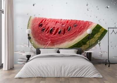 Hello summer watermelon slice with drops on white. Generative AI Wall mural