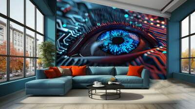 Close-up of a cybernetic eye with circuit patterns Wall mural