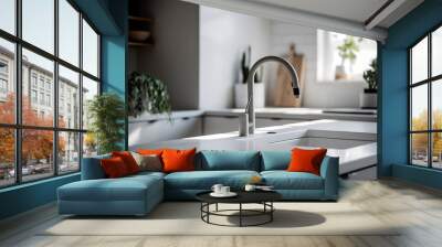 Minimalist and elegant kitchen with a white countertop, a sink, and a faucet, natural light. Wall mural