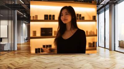 Portrait of a woman standing in a warmly lit store with shelves of products Wall mural