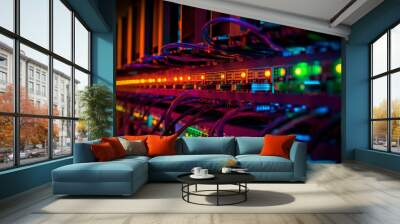 Row of network servers with glowing LED lights. Wall mural