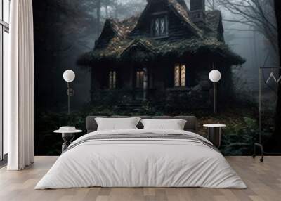 Tiny old creepy witch house deep in a dark and foggy forest. Wall mural