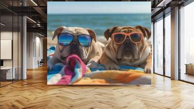 Two bulldogs wearing sunglasses relaxing on a beach Wall mural