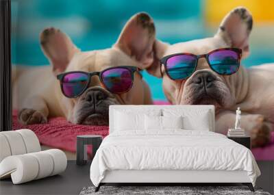 Two French bulldogs wearing colorful sunglasses relaxing on a bright day Wall mural