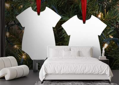 Double Sided Onesie Shaped Ornament Mockup Styled on a Christmas Tree - First Christmas Mockup Wall mural