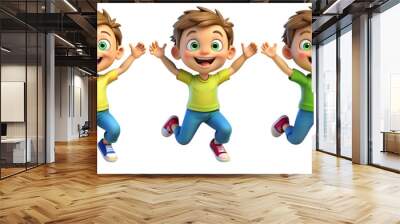 Happy smile laughing jumping playing running cartoon character girl kid child teen person in 3d style design on white background. Human people feelings expression concept Wall mural