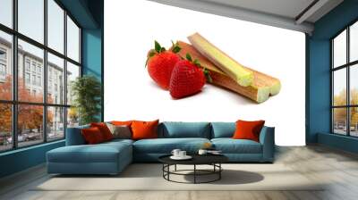 Two strawberries and rhubarb sticks isolated on white Wall mural