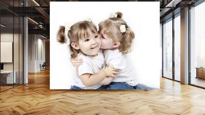 Adorable little twin girls kissing isolated on white background Wall mural