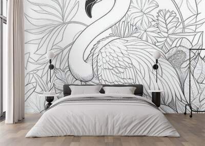 South American flamingo illustrated with black lines on white background for coloring. Generative AI. Wall mural