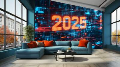 2025 New Year written in bright bold colorful lights, celebrating a happy new year Wall mural