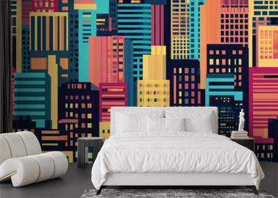 8-bit pixel style cityscape at night, seamless background, flat design Wall mural