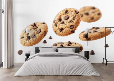 Chocolate chip cookies isolated, floating in the air, transparent PNG Wall mural