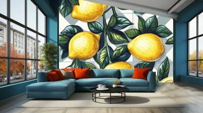 Citrus seamless pattern with lemons. plaid background Wall mural