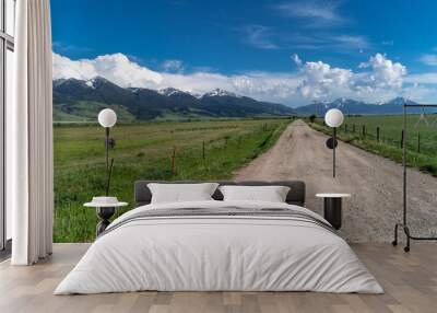 Gravel dirt road with power lines leading into the Absaroka Mountain Range in Montana's Paradise Valley, located in Park County, Montana, on a partly cloudy spring day Wall mural