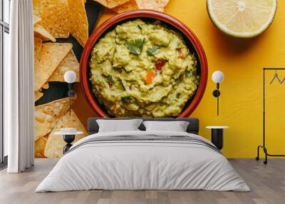 Guacamole and chips, dip. Copyspace flatlay graphic banner Wall mural