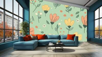 Line art cartoon doodle flowers in teal and pink colors, Seamless repeating background pattern Wall mural