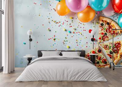 Pizza party graphic banner with balloons and confetti - copyspace Wall mural