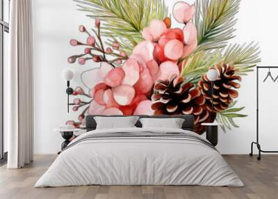 Pretty pine cone flower arrangement, pink flowers. Isolated on transparent Wall mural