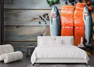 Salmon graphic banner frame flay lay with copyspace - fresh fish on a wooden board Wall mural