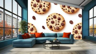 Seamless background with chocolate chip cookies on white background Wall mural