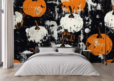 Seamless pattern - Grunge spooky style halloween background with pumpkins Wall mural