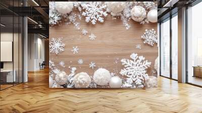 Snowflakes and snowballs flat lay with copyspace, christmas decoration on wooden background Wall mural