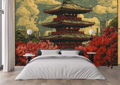 Travel poster for Kyoto Japan featuring a famous temple Wall mural