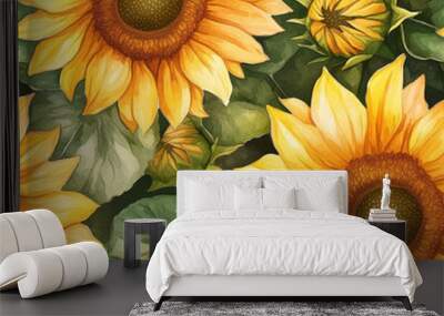 Watercolor seamless pattern with sunflowers Wall mural