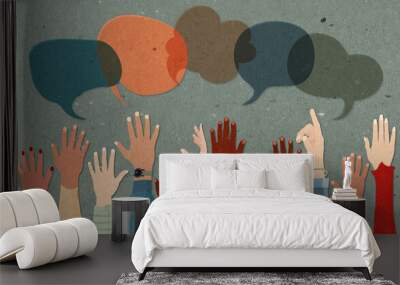 Anonymous arms and raised hands of multiethnic multicultural group people.Speech bubble.Crowd diversity people.Man and women of diverse races.Communication. Racial equality. Male female Wall mural