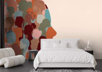 Banner copy space. Silhouette profile group of men and women of diverse culture. Diversity multi-ethnic and multiracial people. Concept of racial equality and anti-racism. Multicultural Wall mural