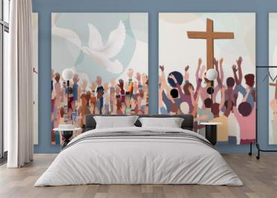 Christian group or community of diverse culture. Church of faithful Christians. Christian brothers holding hands Christian believers with raised hands. Symbols with dove and crucifix Wall mural