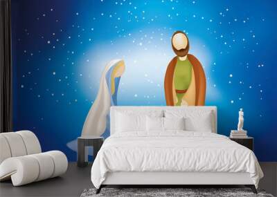 Christmas nativity scene with holy family on blue background Wall mural