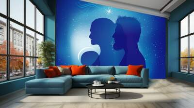 Christmas nativity scene. Blue silhouette profiles with Joseph - Mary and baby Jesus. Multiple exposure Wall mural