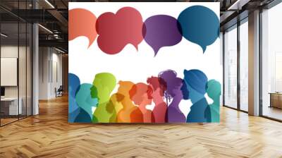 Communication across diverse cultures -  Multicultural dialogue represented by colored silhouette and speech bubbles of multiethnic individuals. Diversity equality inclusion concept Wall mural