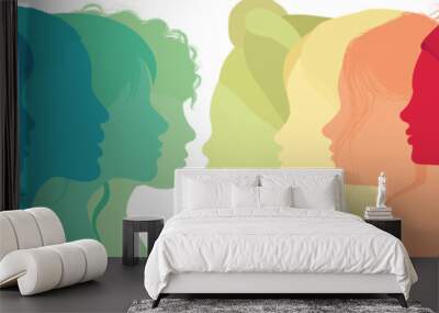 Communication group of multicultural diversity women and girls - face silhouette profile. Female social network community of diverse culture. Racial equality.Friendship. Colleagues.Rainbow Wall mural