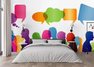 crowd talking. group of people talking. communication between people. colored profile silhouette. sp Wall mural